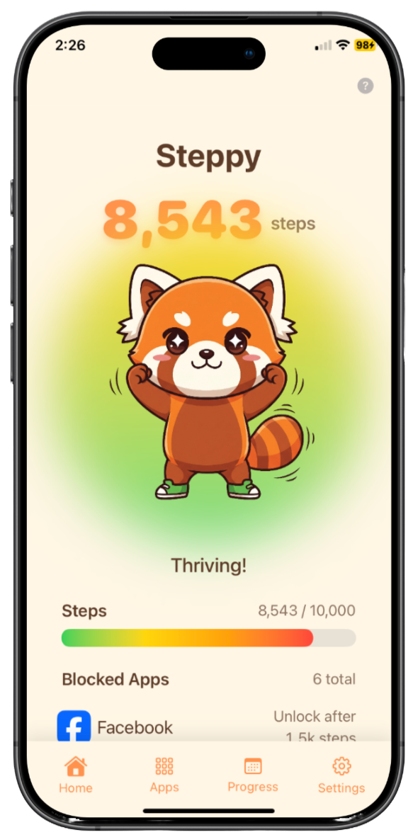Steppy app screenshot showing step counter and blocked apps